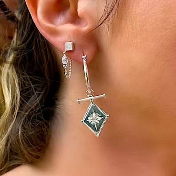Silver North Star Starburst Zircon Dangle Drop Earrings - Picture 5 of 6